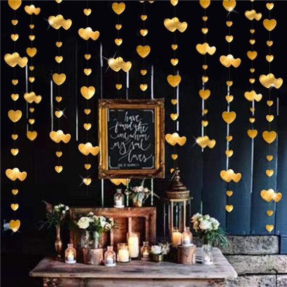 52 Ft Gold Heart Garlands Golden Hanging Banner Streamer for Day Valentines - Picture 5 of 5